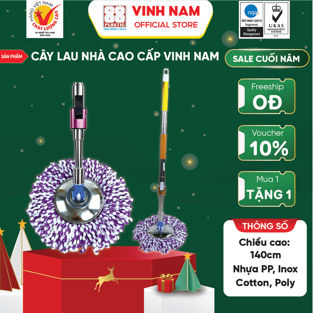 Cây Lau Nhà Mâm Inox Cao Cấp Vinh Nam Plastic Loại Gài Hoặc Vặn Kèm Bông Lau