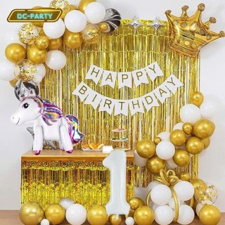 Set Bóng Trang Trí Sinh Nhật Tuổi Meo,tuổi Mão, thôi nôi, 12 con giáp cho bé gái - bé trai SNTE-RÈM VÀNG 1-NGỰA TRẮNG
