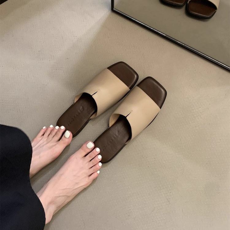 Mùa Hè Retro Mở Mũi Thấp Đế Bằng PU Mũi Vuông Màu Trơn Niche Thời Trang Nhẹ Slip-On Nữ Thường Ngày Nhà Ngoài Trời Mặc Slipp