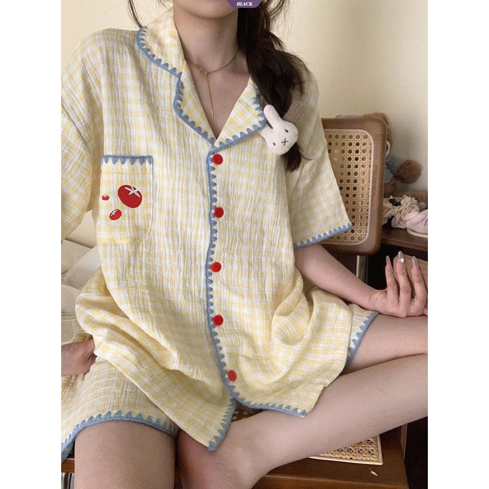 Bộ đồ ngủ kẻ sọc đơn giản Nhật Bản Nữ mùa hè Cà chua ngọt Quần Short ngắn tay dành cho học sinh Bộ đồ mặc nhà rộng rãi [BL]