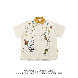 Áo sơ mi dáng rộng họa tiết Snoopy cổ điển, thoáng mát suốt mùa hè