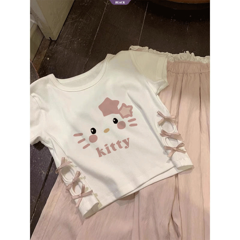Trắng Spice Girls Áo thun ngắn tay ngắn nữ mùa hè Sweet Spice Slim Hello Kitty Hollow Out Tops [BL]