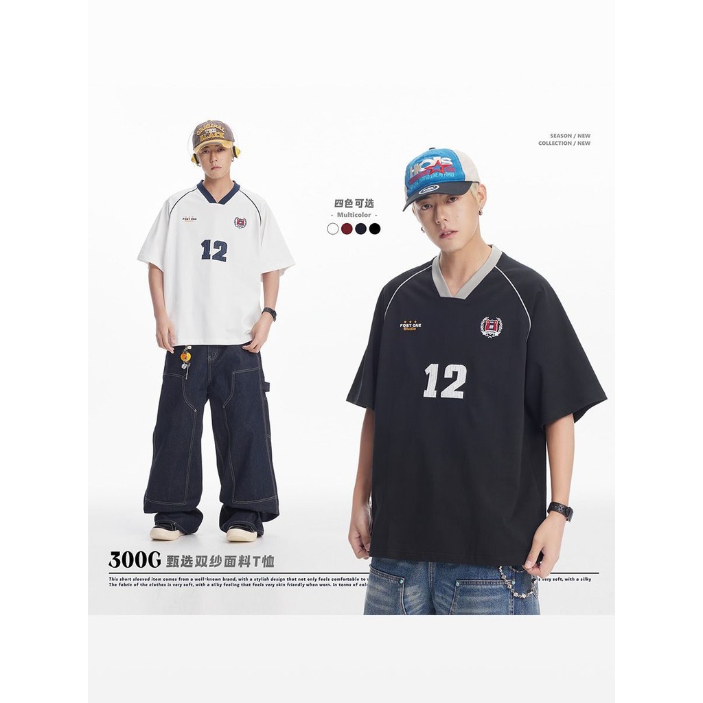 Mỹ Retro Nguyên Chất Cotton 300g Sọc Nặng Thêu Ngắn Tay Áo Thun Nam Thể Thao Rời Cặp Đôi Áo Thun