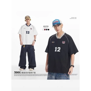 Mỹ Retro Nguyên Chất Cotton 300g Sọc Nặng Thêu Ngắn Tay Áo Thun Nam Thể Thao Rời Cặp Đôi Áo Thun