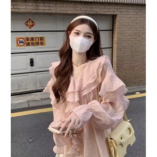 Thời Trang Hàn Quốc Nữ Tay Dài retro Rời Cổ Chữ v Cổ Thường ruffle Áo Sơ Mi Áo