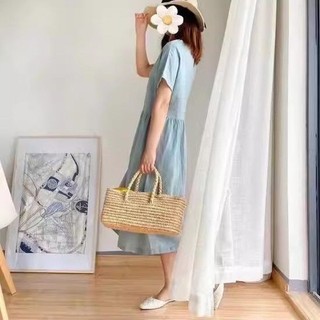 Váy vải lanh Cotton nữ tay ngắn cổ tròn dáng rộng