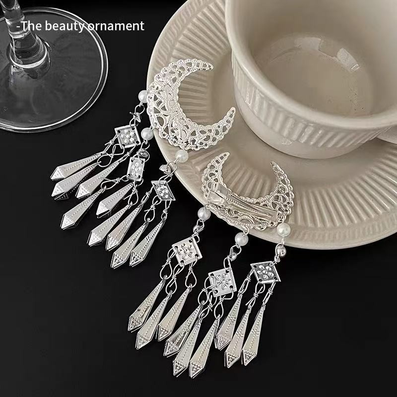 MAUROPOLI [Sẵn sàng] Phong cách cổ xưa Áo choàng cổ Hoa Lưỡi liềm Miao Bạc Tua Rua Kẹp tóc Bé gái Phong cách mới Phong cách dân tộc Hanfu Cover Sideburns Kẹp tóc bên Mũ đội đầu