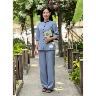 Lụa Hàn cổ trụ phối, set thời trang nữ đi chùa cao cấp