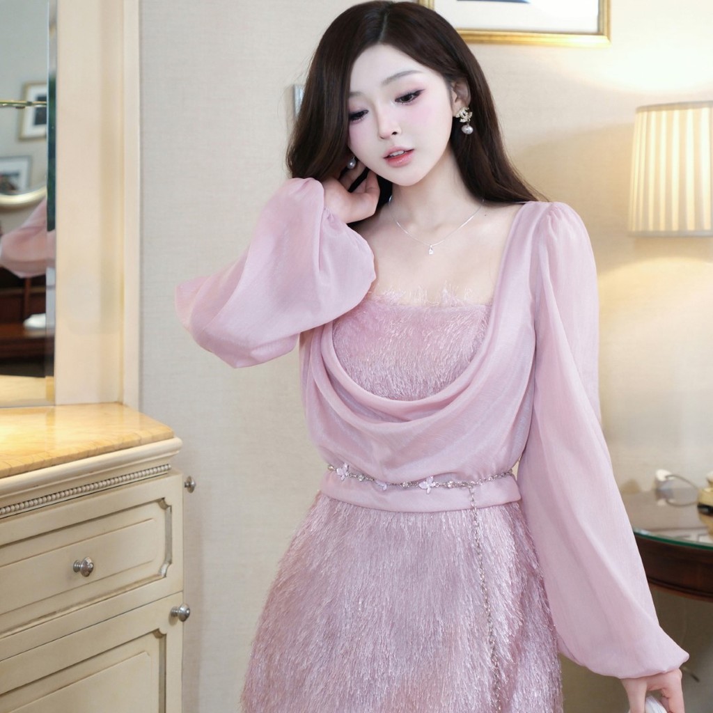 Đầm KHIẾT dáng suông lông vũ kèm áo choàng tằm phong cácg dự tiêc sang chảnh KD44