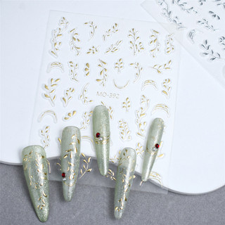 Nail Art Miếng dán móng tay mạ vàng, họa tiết nhung, nhánh vàng và lá ngọc bích, trang trí móng tay, công cụ làm móng cho tiệm nail