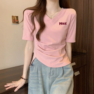 [MIZIQI] Áo thun ngắn tay cổ chữ V Cotton nguyên chất dành cho nữ, Áo thun nữ xẻ viền không đều