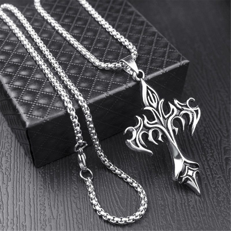 Wellb Titan Thép Vòng Cổ Với Ngọn Lửa Thánh Giá Mặt Dây Chuyền Xương Đòn Dây Chuyền Thời Trang Nam Phụ Kiện Lễ Hội Âm Nhạc Trang Sức