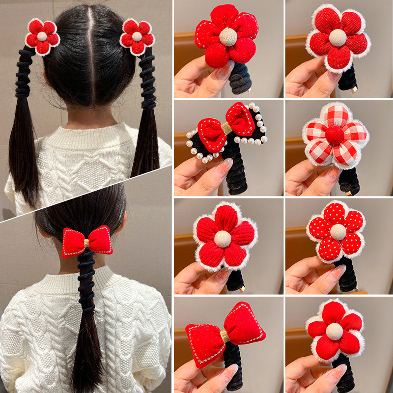 [Yunyuan] Cặp Dây Buộc Tóc Nơ Đỏ Năm Mới Dây Điện Thoại Bện Bé Gái Tóc Đuôi Ngựa Dây Hoa Không Làm Tổn Thương Phụ Kiện Tóc