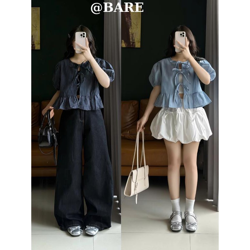 (Tặng kèm áo quây) Áo Babydoll Kẻ Buộc Nơ Tay Phồng, Áo Kiểu Nữ Tay Bồng Kèm Áo 2 Dây_A523