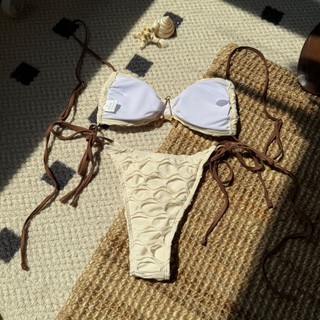 Đồ Bơi Nữ Màu Nâu Màu Nâu Ghép Lỗ Dệt Kim Loại Ngôi Sao Bandeau Tie Hai Mảnh Bikini Đồ Bơi