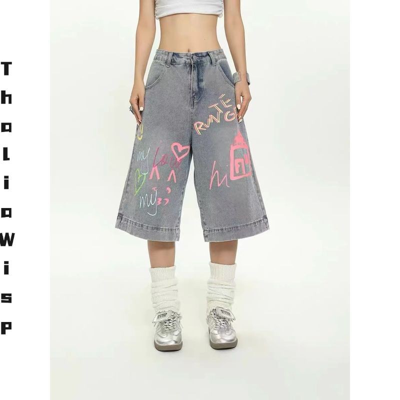 ThaliaWisp Quần Denim ống rộng thời trang với thiết kế Graffiti đầy màu sắc