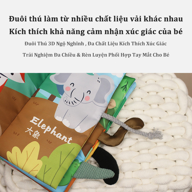 【SKISOPGO】Sách Vải Đuôi Thú 3D Cho Bé, Sách Tiếng Anh, Thiết Kế Động Vật, Đồ Chơi Giáo Dục