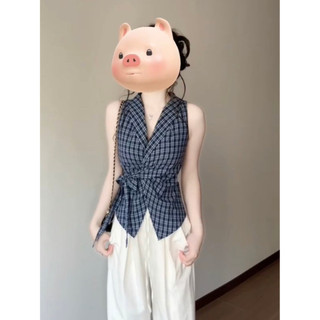 Kẻ sọc buộc dây eo hẹp Phong cách cơ bản Pháp Cổ chữ V Nơ màu xanh Phù hợp với cổ áo Tính khí Áo sơ mi hàng ngày đơn giản Áo Vest bé gái mặc ngoài mùa hè Slim