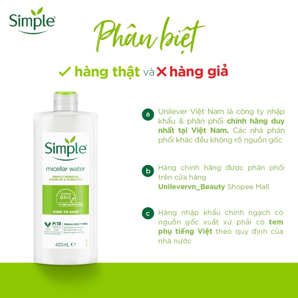 Nước Tẩy Trang Simple Tẩy trang Simple Micellar Cleansing Water lành tính an toàn cho da nhạy cảm  400ml - Glowin Beaty | BigBuy360 - bigbuy360.vn