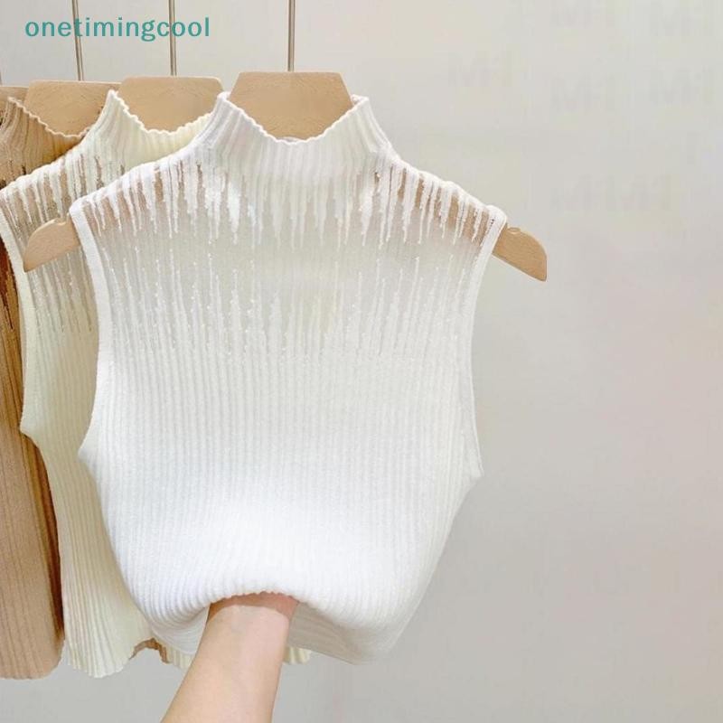 Onetimingcool Mùa Hè Hàn Quốc Nửa Cổ Rùa Rỗng Dệt Kim Áo Vest Nữ Màu Trơn Không Tay Slim Top VN