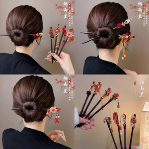 【Phụ Kiện Tóc】Trâm Cài Tóc Cổ Gỗ Đính Ngọc Tua Rua Hoa Phong Cách Cổ Điển Cao Cấp Cho Nữ