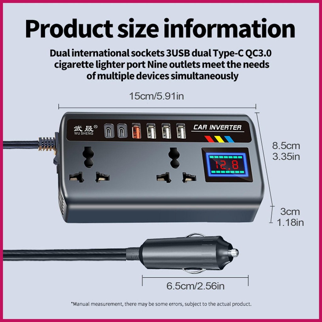 Bộ sạc ô tô Biến tần Bộ chuyển đổi ô tô 12V / 24V sang 220V 2 Đầu ra AC Bộ chuyển đổi phích cắm xe hơi Ổ cắm 3 cổng USB cho Air pomervn