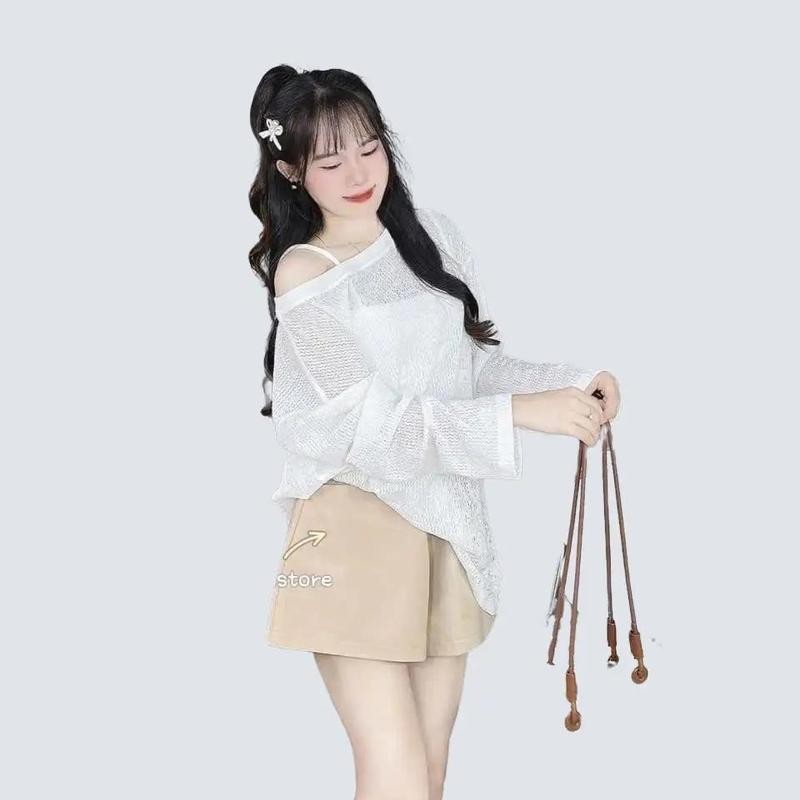 Set áo trễ vai lưới tay dài form rộng kèm áo hai dây trong- A368 Nữ Top Women Voi Kem Thun Voan Jean Sơ Mi