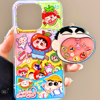 Ins Nhật Bản Phim Hoạt Hình Dễ Thương Apple Crayon Shin-chan Lấp Lánh Vỏ + Lắc Chân Đế Cho iPhone 11 16 16E 15 14 13 12 Pro Xs Max XR X 7 8 6 Plus SE Vỏ Điện Thoại Mềm Bling Case Vỏ Trong Suốt