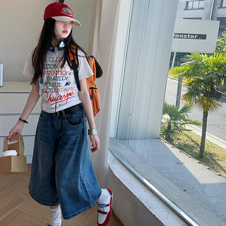 Áo thun ngắn tay in chữ đầy màu sắc mùa hè cho bé gái + Quần ống rộng cắt Denim Bộ đồ 2025 Bộ đồ hai mảnh thời trang trẻ em phong cách mới