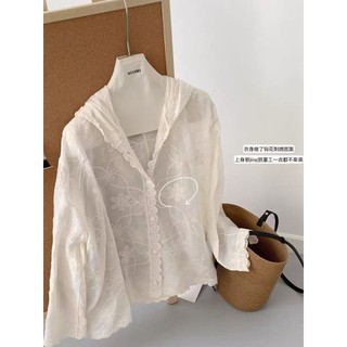 Phong Cách Hàn Quốc Nữ Nữ Rời Vintage Ren Thêu Hoa Có Mũ Trùm Đầu Áo Sơ Mi Tay Dài Áo