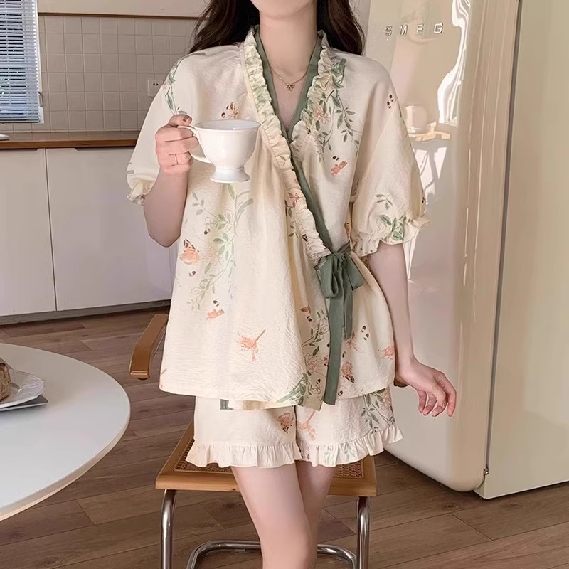 Phong Cách Mới Mùa Hè Mới Phong Cách Trung Hoa Phối Ren Quần Short Tay Ngắn Bộ Đồ Ngủ Nữ Mỏng Phong Cách Có Thể Mặc Bên Ngoài Tươi Cổ Rhyme Phong Cách Trung Hoa Quần Áo Gia Đình