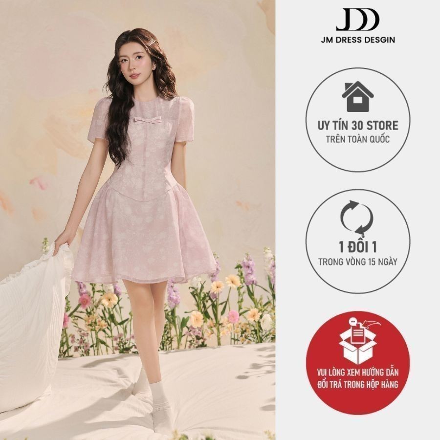 Ảnh Đầm đè dây nơ ngực, nhún sườn họa tiết 1R07.2503OG, váy tơ mềm chiết eo dáng xòe bồng nữ tính đáng yêu thiết kế bởi JM 1