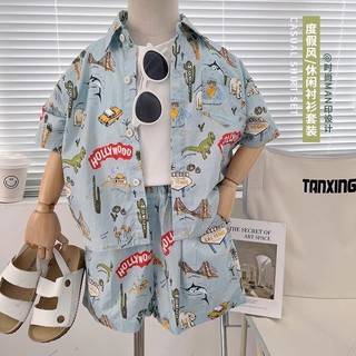 Bộ áo sơ mi mùa hè mới cho bé trai, in hoạt hình, áo ngắn tay retro và quần short, bộ hai mảnh