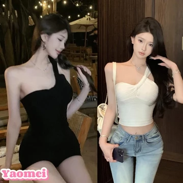 Áo vest đen gợi cảm cho nữ，Áo vest trễ vai kiểu Pháp，Áo croptop không tay xoắn，chặt chẽ Kiểu một vai