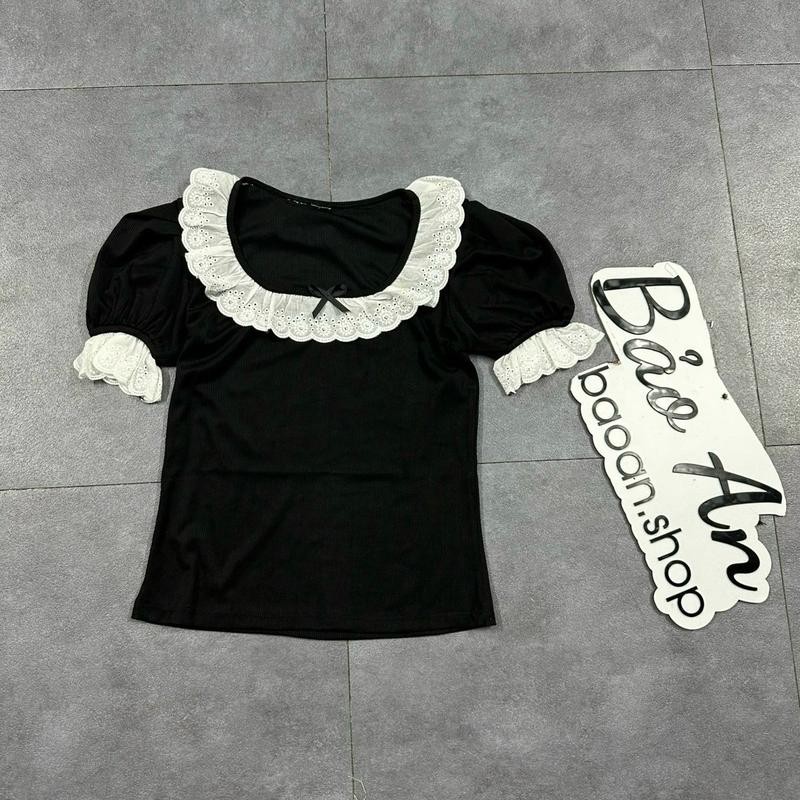 [SB3] Sét bộ nữ 2 món áo thun ôm body croptop tay ngắn viền bèo tiểu thư và chân váy ren