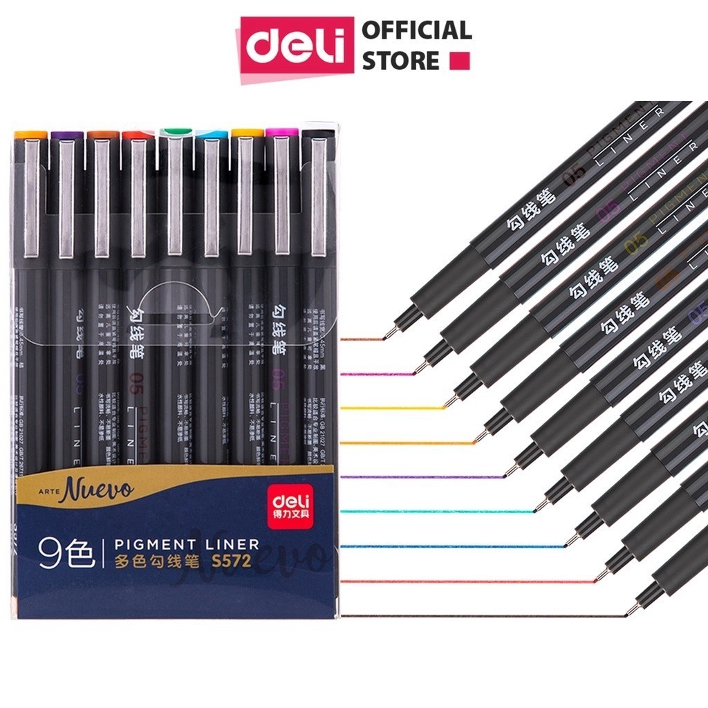 Bộ 9 bút line, lông kim đi nét nhiều màu Deli ngòi bọc kim loại 0.5mm viết caligraphy thư pháp trang trí sổ tay S572