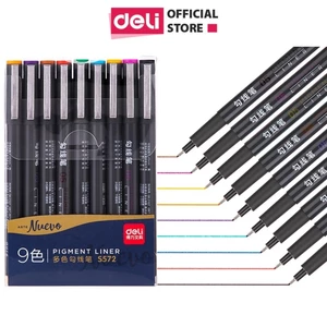 Bộ 9 bút line, lông kim đi nét nhiều màu Deli ngòi bọc kim loại 0.5mm viết caligraphy thư pháp trang trí sổ tay S572