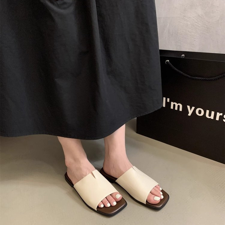 Mùa Hè Retro Mở Mũi Thấp Đế Bằng PU Mũi Vuông Màu Trơn Niche Thời Trang Nhẹ Slip-On Nữ Thường Ngày Nhà Ngoài Trời Mặc Slipp
