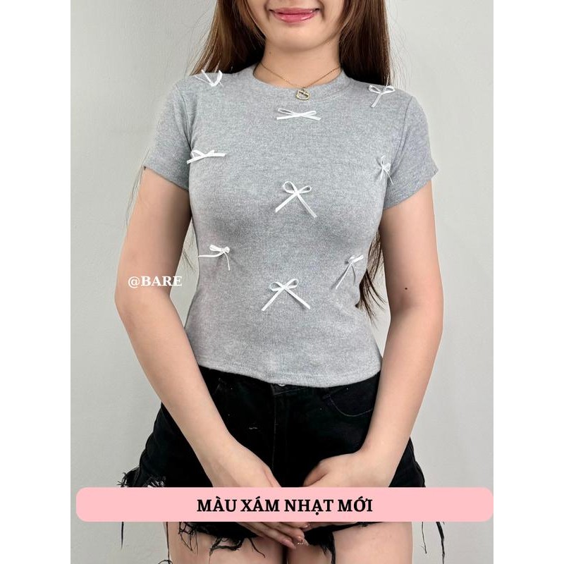 (Có size) Áo thun ôm body nữ tay ngắn gắn nhiều nơ nhỏ xinh xắn chất thun thái mềm co dãn tôn dáng-A31