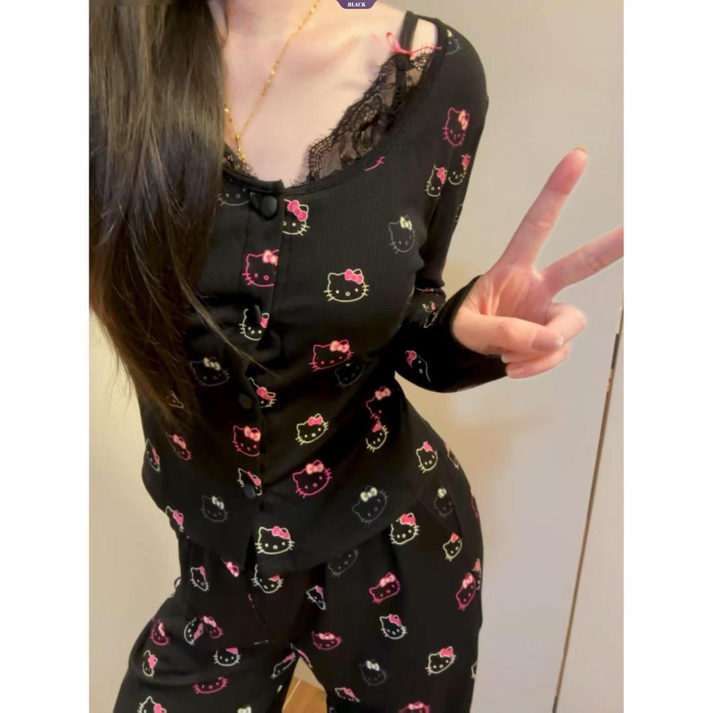 Bộ Đồ Ngủ HelloKitty Dễ Thương Nữ Xuân Thu Mẫu Gợi Cảm Pure Desire Ren Edge Dài Tay Homewear Suit [BL]