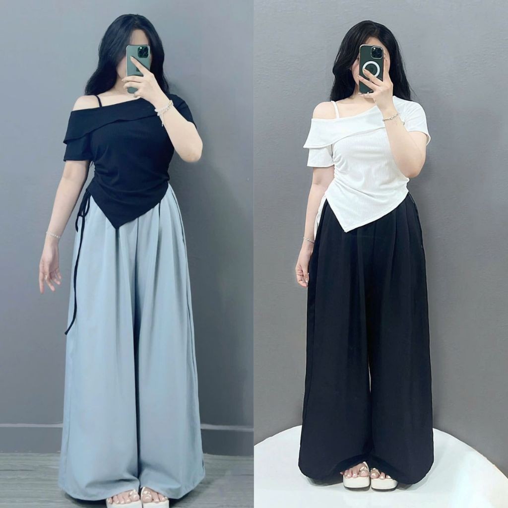 Bộ Đồ Hè Nữ BigSize Kiểu ,Set Áo Thun Trễ Vai Kèm Quần Suông Ống Rộng Vải Mềm Mịn Mát SET980