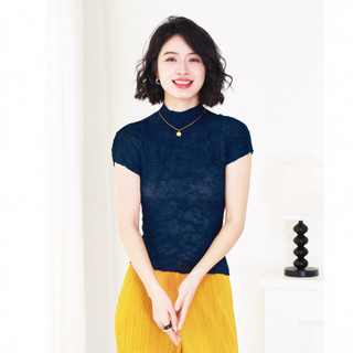 Miyake Xếp Ly Phong Cách Mới Đơn Giản Slim-fit Bên Trong Tay Ngắn Cổ Nửa Cao Áo Chui Đầu Nữ Mỏng T @ -
