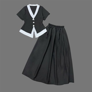 Set đồ bigsize áo kiểu đính nơ hai lớp phối chân váy xòe lưng chun tôn dáng và che khuyết diểm SET A271+CV15