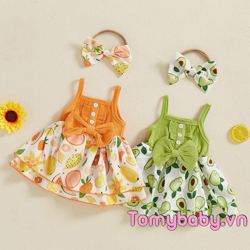 Bộ áo liền quần mùa hè cho bé gái Áo liền quần cổ vuông không tay in hình trái cây có băng đô