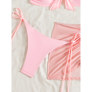 Đồ Bơi Nữ Màu Hồng Sọc Mỏng Bandeau Hoa Bao Đầm Ba Mảnh Bikini Đồ Bơi