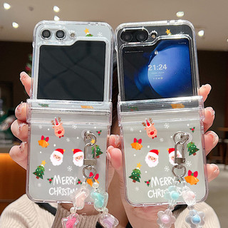 Ốp điện thoại trong suốt họa tiết người tuyết Giáng sinh cho Samsung Galaxy Z Flip 6 Z Flip 5 Z Flip 4 Z Flip 3 5G với vòng tay đầy màu sắc Bản lề đầy đủ PC cứng Ốp điện thoại chống sốc Flip6