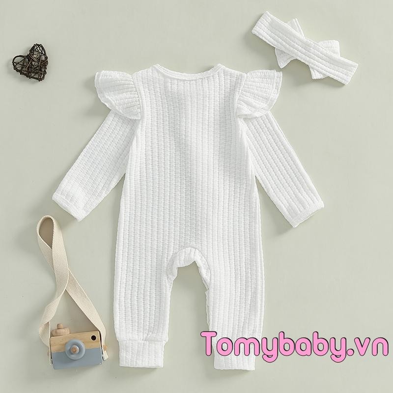 Bộ áo liền quần bé gái màu trơn xù Bộ áo liền quần dài tay Quần áo mùa thu có băng đô