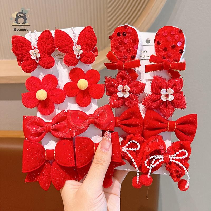 [Bluemood] 8 Cái / bộ Kẹp Tóc Nơ Đỏ Cho Bé Gái Handmade Ruy Băng Nơ Kẹp Tóc Barrettes Năm Mới Giáng Sinh Phụ Kiện Tóc Mới