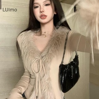 Luimo Hàn Quốc Hot Girl Furry Cổ Chữ V Tay Dài Không Đều Mỏng Áo Len Ngắn Cardigan SBS