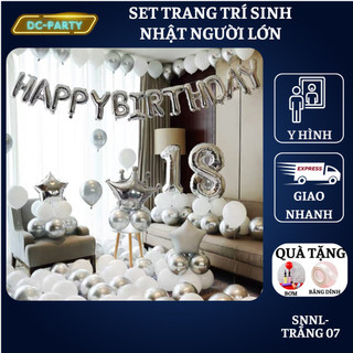 Set trang trí sinh nhật người lớn kiểu hàng quốc màu trắng đen SNNL-TRẮNG 07,Bóng bay trang trí sinh nhật cho bé